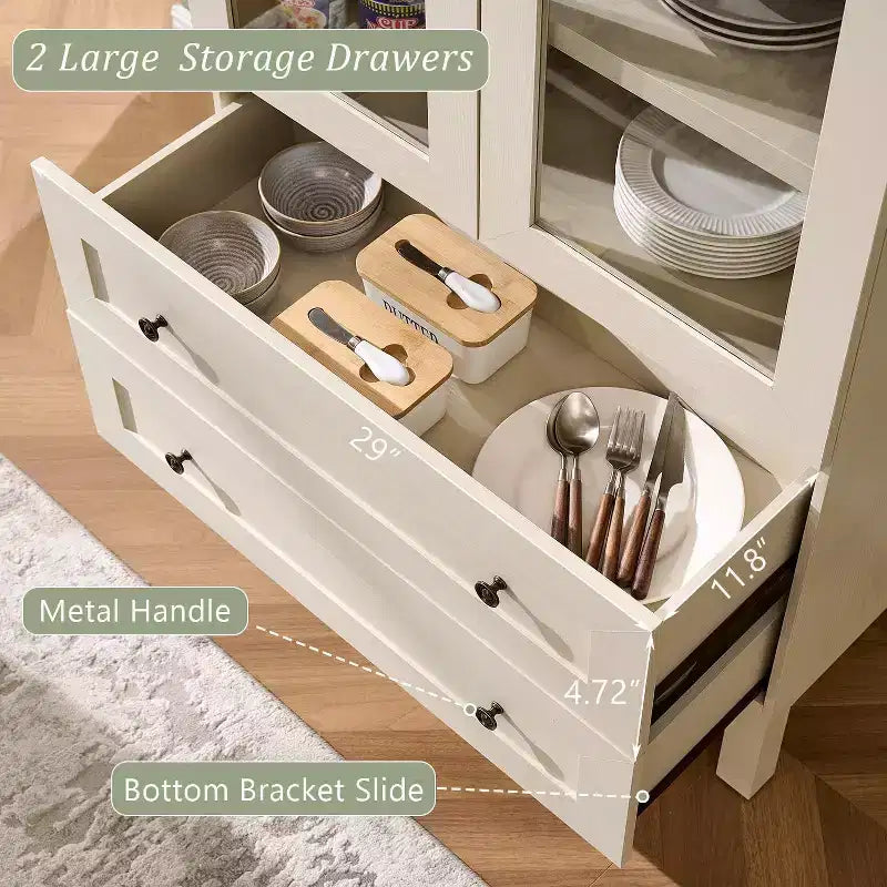 Meuble de rangement haut de 71 po pour garde-manger avec 2 tiroirs et étagères réglables et portes vitrées, armoire de cuisine de style ferme moderne