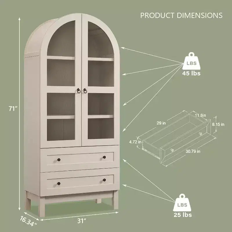Meuble de rangement haut de 71 po pour garde-manger avec 2 tiroirs et étagères réglables et portes vitrées, armoire de cuisine de style ferme moderne
