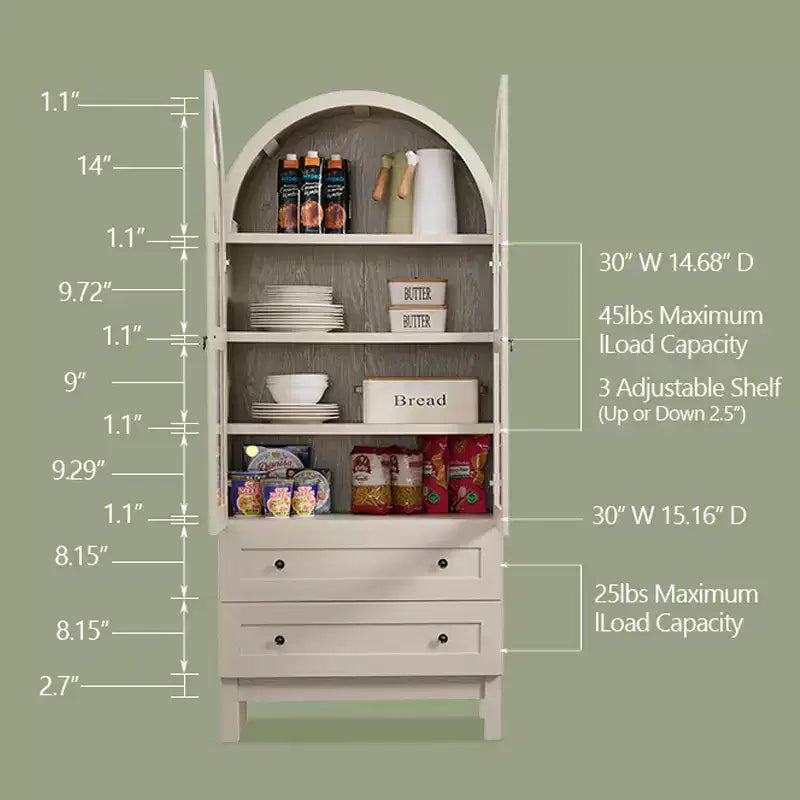 Meuble de rangement haut de 71 po pour garde-manger avec 2 tiroirs et étagères réglables et portes vitrées, armoire de cuisine de style ferme moderne