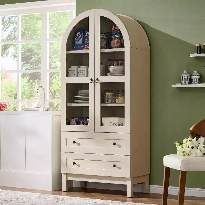 Meuble de rangement haut de 71 po pour garde-manger avec 2 tiroirs et étagères réglables et portes vitrées, armoire de cuisine de style ferme moderne