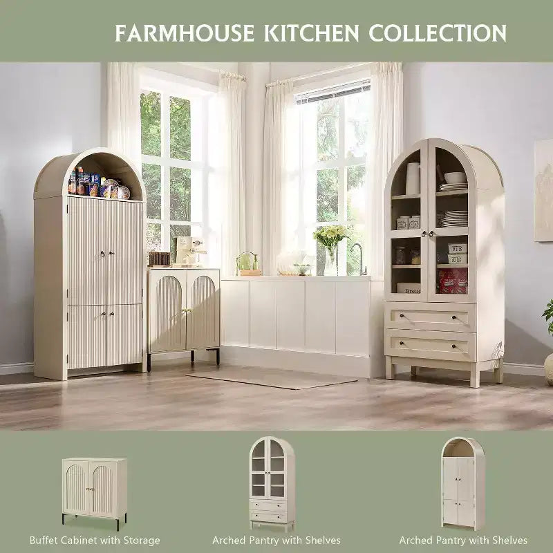 Meuble de rangement haut de 71 po pour garde-manger avec 2 tiroirs et étagères réglables et portes vitrées, armoire de cuisine de style ferme moderne