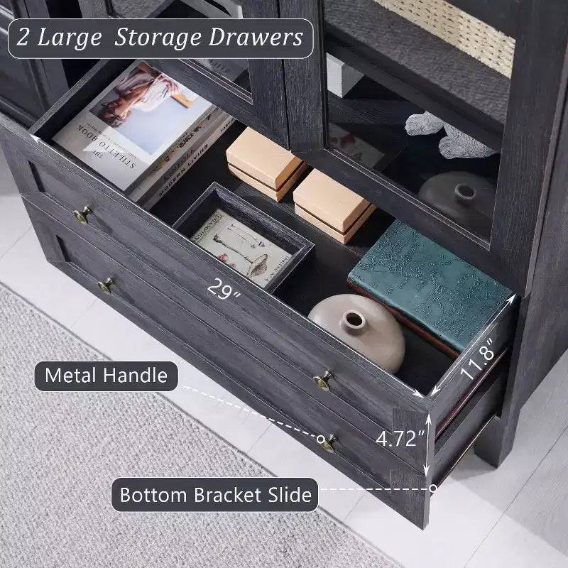 Meuble de rangement haut de 71 po pour garde-manger avec 2 tiroirs et étagères réglables et portes vitrées, armoire de cuisine de style ferme moderne