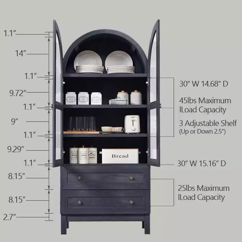 Meuble de rangement haut de 71 po pour garde-manger avec 2 tiroirs et étagères réglables et portes vitrées, armoire de cuisine de style ferme moderne