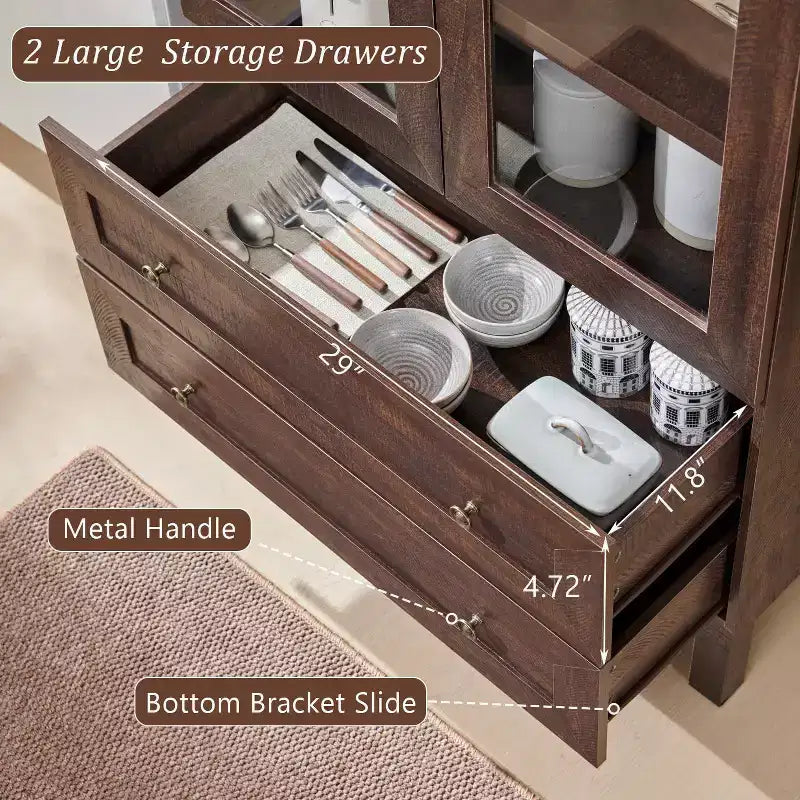 Meuble de rangement haut de 71 po pour garde-manger avec 2 tiroirs et étagères réglables et portes vitrées, armoire de cuisine de style ferme moderne