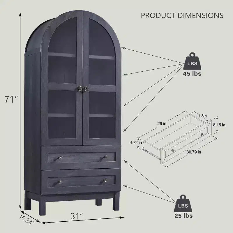 Meuble de rangement haut de 71 po pour garde-manger avec 2 tiroirs et étagères réglables et portes vitrées, armoire de cuisine de style ferme moderne