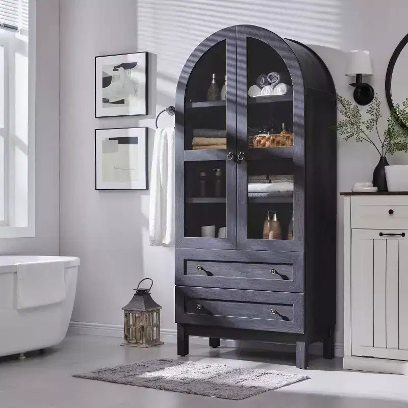 Meuble de rangement haut de 71 po pour garde-manger avec 2 tiroirs et étagères réglables et portes vitrées, armoire de cuisine de style ferme moderne