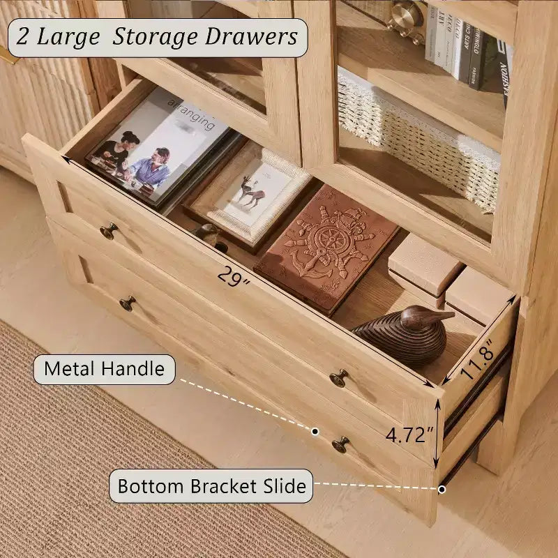 Meuble de rangement haut de 71 po pour garde-manger avec 2 tiroirs et étagères réglables et portes vitrées, armoire de cuisine de style ferme moderne
