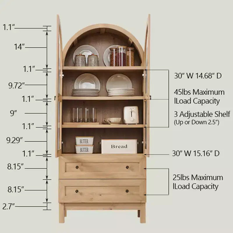 Meuble de rangement haut de 71 po pour garde-manger avec 2 tiroirs et étagères réglables et portes vitrées, armoire de cuisine de style ferme moderne