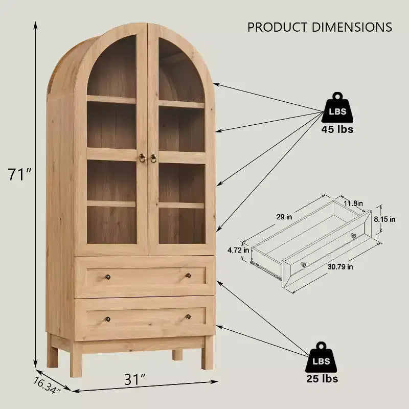 Meuble de rangement haut de 71 po pour garde-manger avec 2 tiroirs et étagères réglables et portes vitrées, armoire de cuisine de style ferme moderne