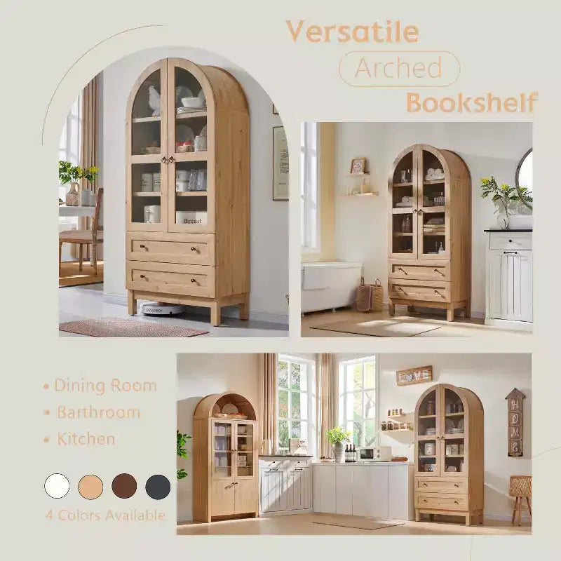 Meuble de rangement haut de 71 po pour garde-manger avec 2 tiroirs et étagères réglables et portes vitrées, armoire de cuisine de style ferme moderne