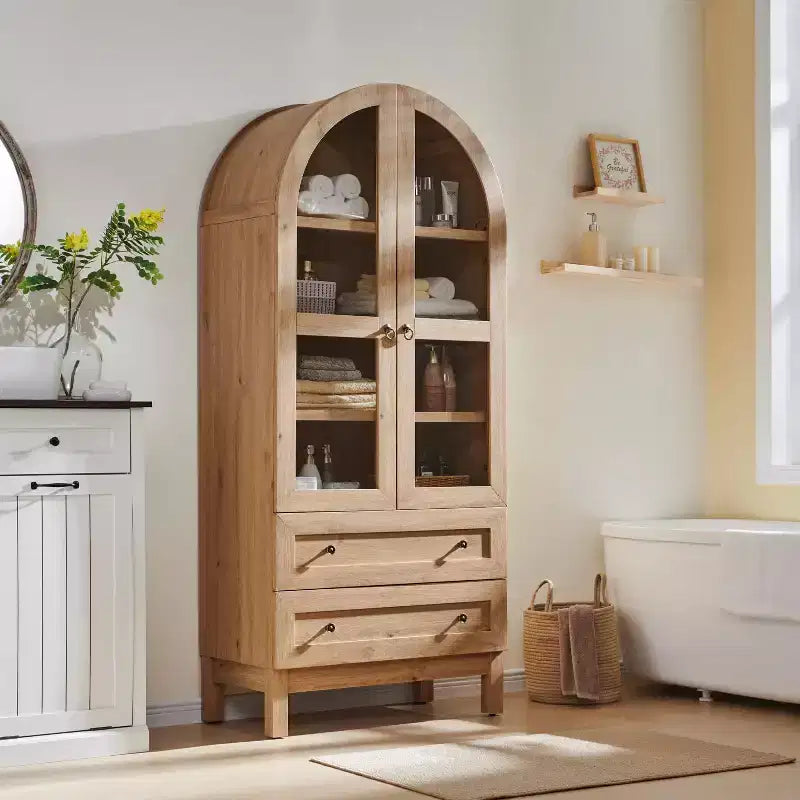 Meuble de rangement haut de 71 po pour garde-manger avec 2 tiroirs et étagères réglables et portes vitrées, armoire de cuisine de style ferme moderne