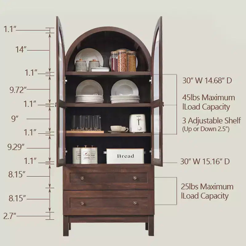 Meuble de rangement haut de 71 po pour garde-manger avec 2 tiroirs et étagères réglables et portes vitrées, armoire de cuisine de style ferme moderne