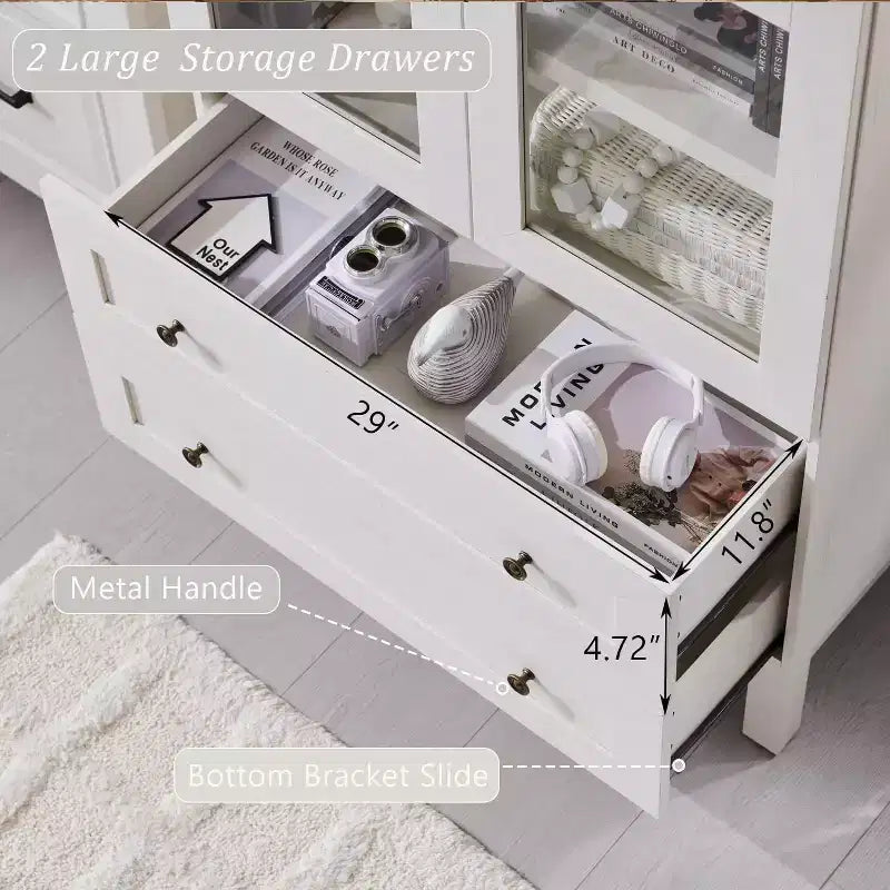 Meuble de rangement haut de 71 po pour garde-manger avec 2 tiroirs et étagères réglables et portes vitrées, armoire de cuisine de style ferme moderne