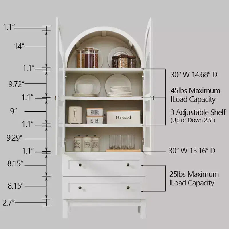 Meuble de rangement haut de 71 po pour garde-manger avec 2 tiroirs et étagères réglables et portes vitrées, armoire de cuisine de style ferme moderne