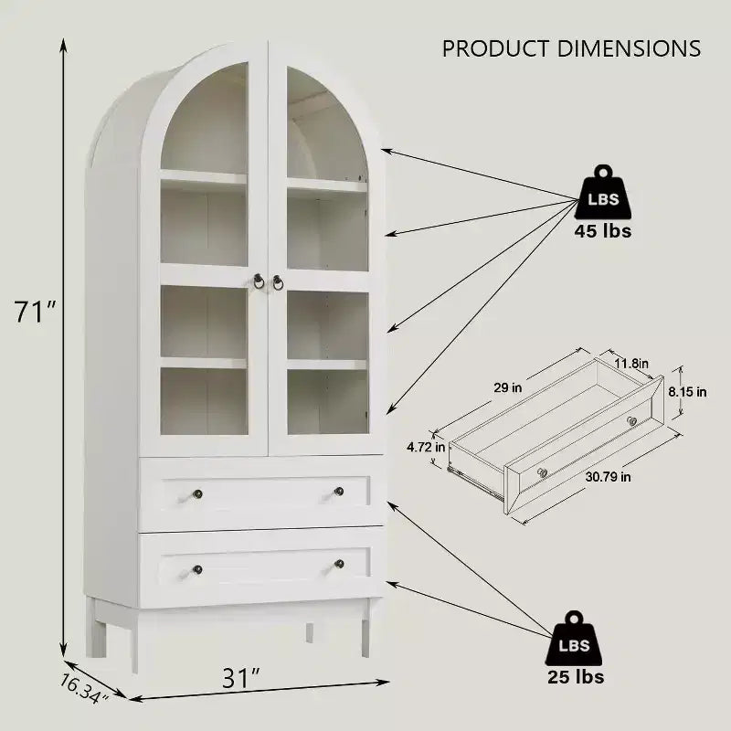 Meuble de rangement haut de 71 po pour garde-manger avec 2 tiroirs et étagères réglables et portes vitrées, armoire de cuisine de style ferme moderne