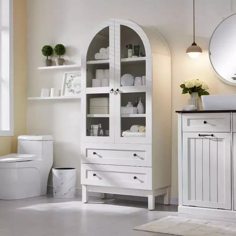 Meuble de rangement haut de 71 po pour garde-manger avec 2 tiroirs et étagères réglables et portes vitrées, armoire de cuisine de style ferme moderne