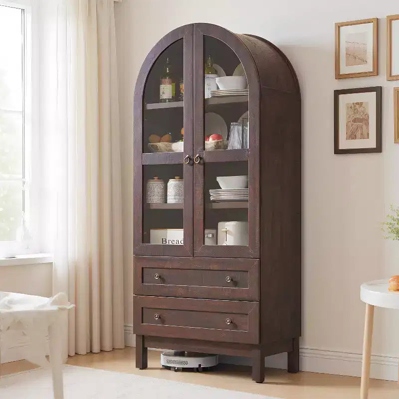 Meuble de rangement haut de 71 po pour garde-manger avec 2 tiroirs et étagères réglables et portes vitrées, armoire de cuisine de style ferme moderne