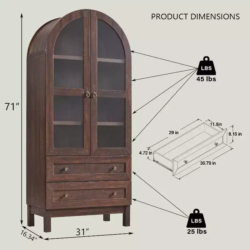 Meuble de rangement haut de 71 po pour garde-manger avec 2 tiroirs et étagères réglables et portes vitrées, armoire de cuisine de style ferme moderne