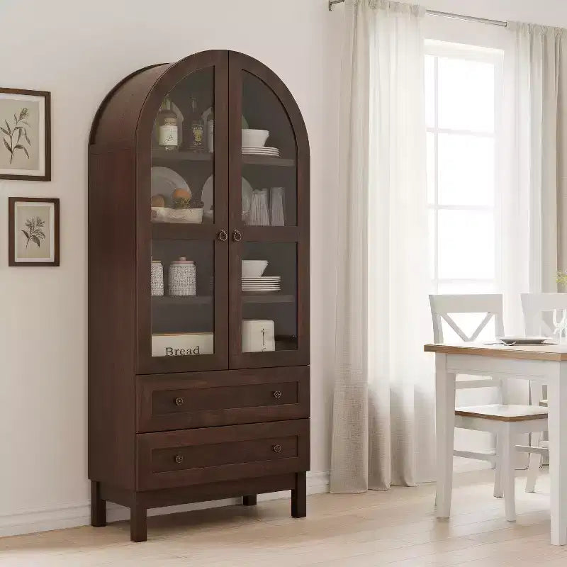 Meuble de rangement haut de 71 po pour garde-manger avec 2 tiroirs et étagères réglables et portes vitrées, armoire de cuisine de style ferme moderne