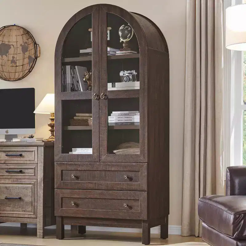 Meuble de rangement haut de 71 po pour garde-manger avec 2 tiroirs et étagères réglables et portes vitrées, armoire de cuisine de style ferme moderne