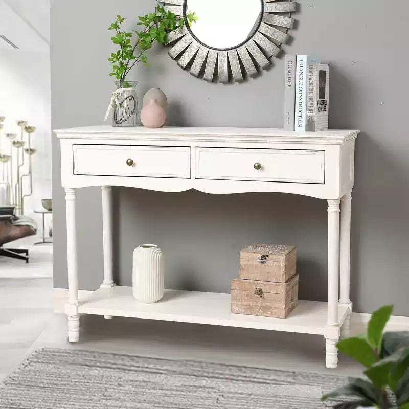 Console de table LuxenHome en bois blanc avec 2 tiroirs et étagère, meuble de rangement pour entrée