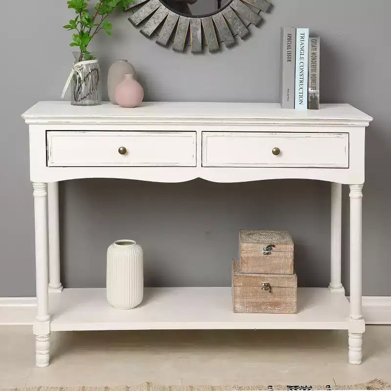 Console de table LuxenHome en bois blanc avec 2 tiroirs et étagère, meuble de rangement pour entrée