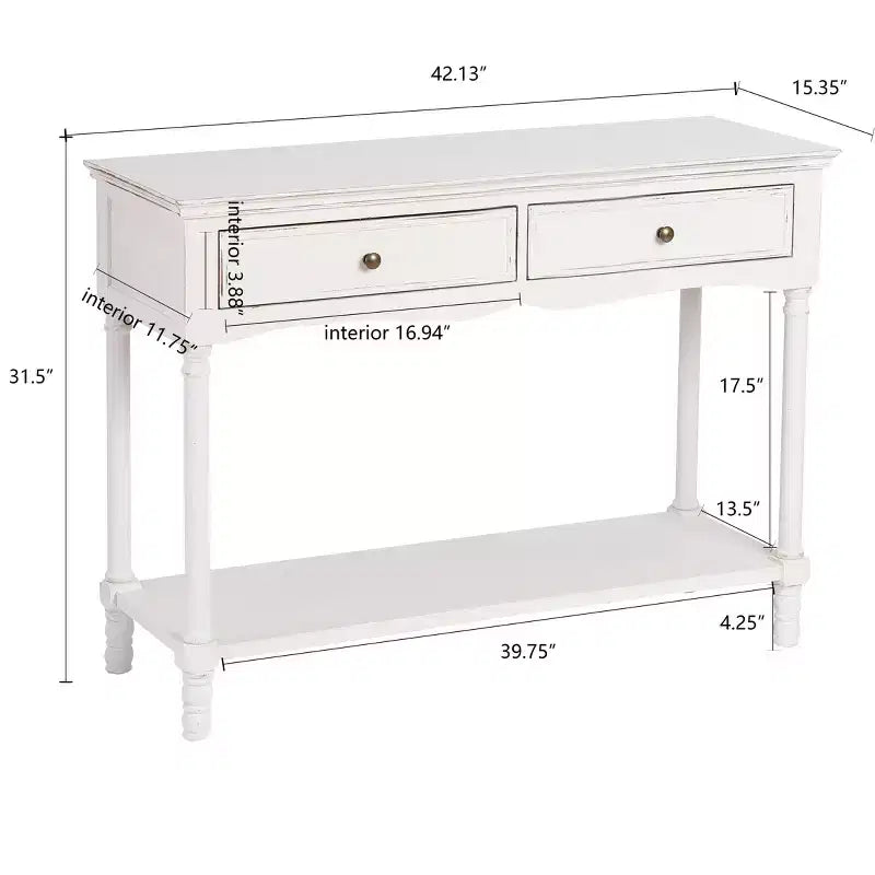 Console de table LuxenHome en bois blanc avec 2 tiroirs et étagère, meuble de rangement pour entrée