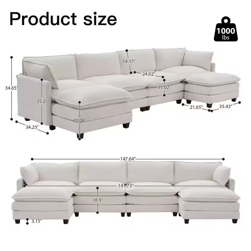 Canapé d'angle en U HYLEORY, ensemble de canapés d'angle modulaires convertibles en velours avec 2 poufs pour salon