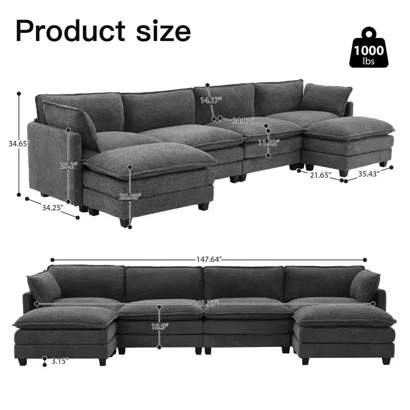Canapé d'angle en U HYLEORY, ensemble de canapés d'angle modulaires convertibles en velours avec 2 poufs pour salon