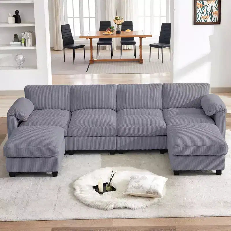 Canapé modulable en velours côtelé HYLEORY avec double ottoman mobile, canapé rembourré confortable en forme de U avec coussin de siège à deux couches pour le salon