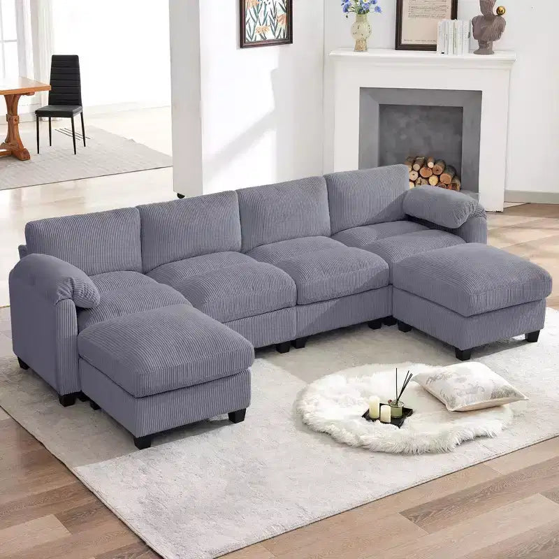 Canapé modulable en velours côtelé HYLEORY avec double ottoman mobile, canapé rembourré confortable en forme de U avec coussin de siège à deux couches pour le salon