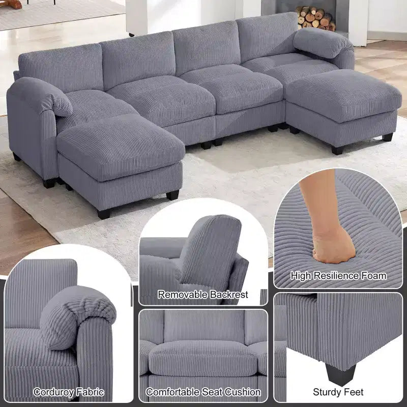 Canapé modulable en velours côtelé HYLEORY avec double ottoman mobile, canapé rembourré confortable en forme de U avec coussin de siège à deux couches pour le salon