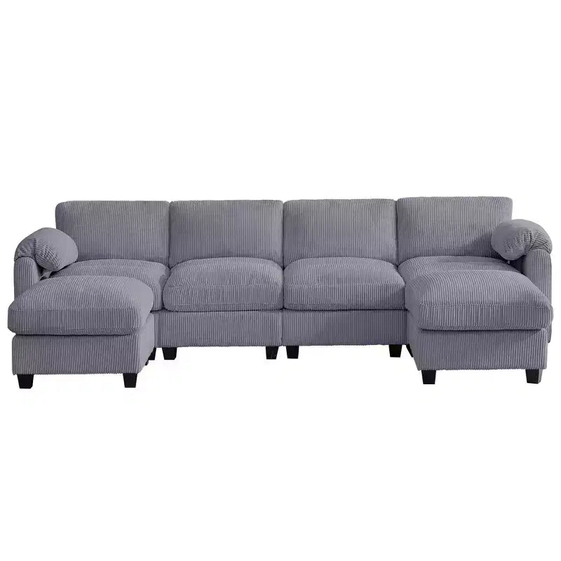 Canapé modulable en velours côtelé HYLEORY avec double ottoman mobile, canapé rembourré confortable en forme de U avec coussin de siège à deux couches pour le salon