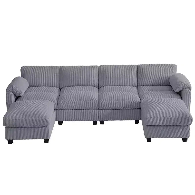 Canapé modulable en velours côtelé HYLEORY avec double ottoman mobile, canapé rembourré confortable en forme de U avec coussin de siège à deux couches pour le salon