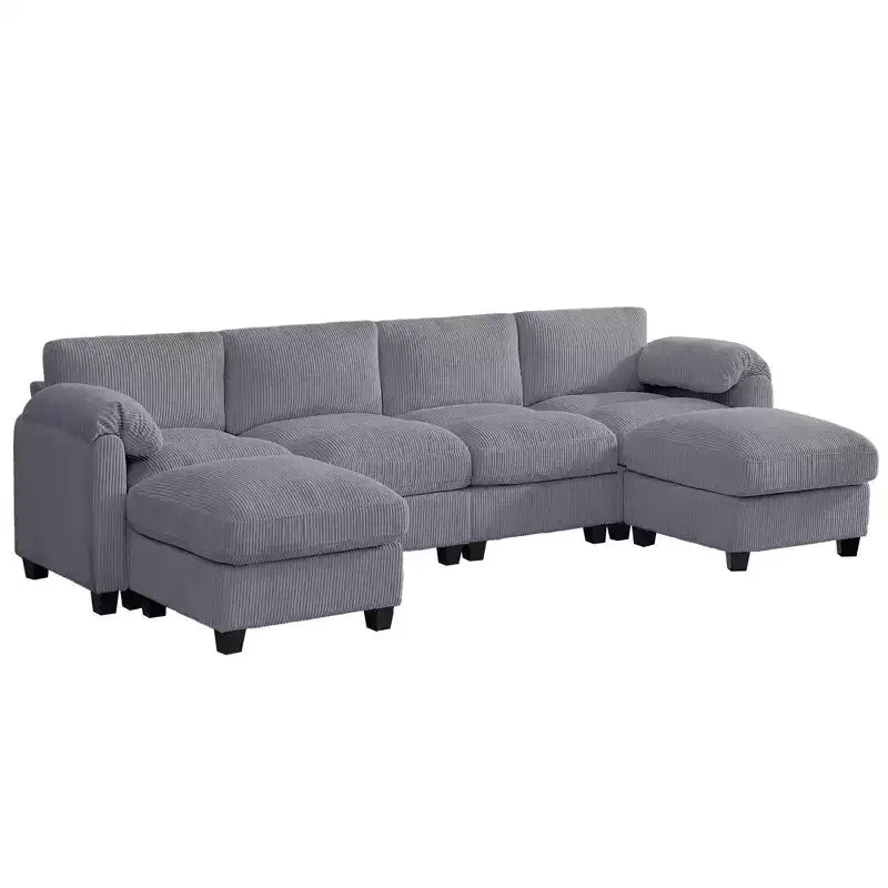 Canapé modulable en velours côtelé HYLEORY avec double ottoman mobile, canapé rembourré confortable en forme de U avec coussin de siège à deux couches pour le salon