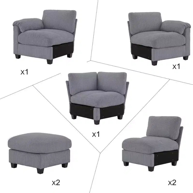 Canapé modulable en velours côtelé HYLEORY avec double ottoman mobile, canapé rembourré confortable en forme de U avec coussin de siège à deux couches pour le salon