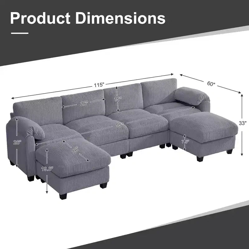 Canapé modulable en velours côtelé HYLEORY avec double ottoman mobile, canapé rembourré confortable en forme de U avec coussin de siège à deux couches pour le salon