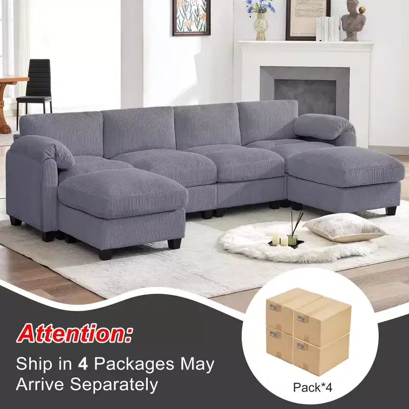 Canapé modulable en velours côtelé HYLEORY avec double ottoman mobile, canapé rembourré confortable en forme de U avec coussin de siège à deux couches pour le salon