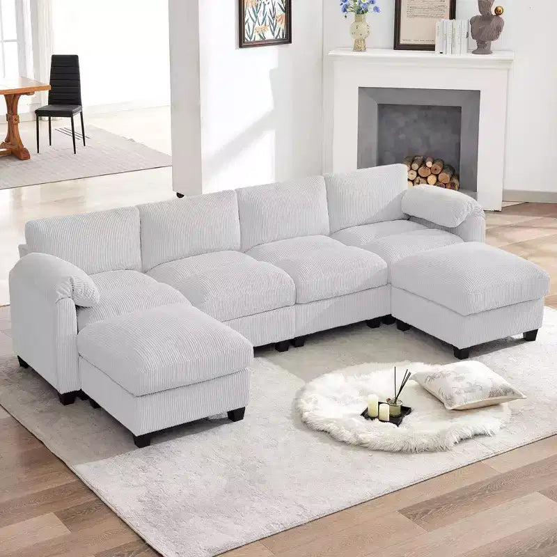 Canapé modulable en velours côtelé HYLEORY avec double ottoman mobile, canapé rembourré confortable en forme de U avec coussin de siège à deux couches pour le salon