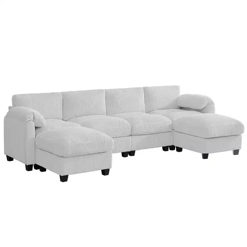 Canapé modulable en velours côtelé HYLEORY avec double ottoman mobile, canapé rembourré confortable en forme de U avec coussin de siège à deux couches pour le salon