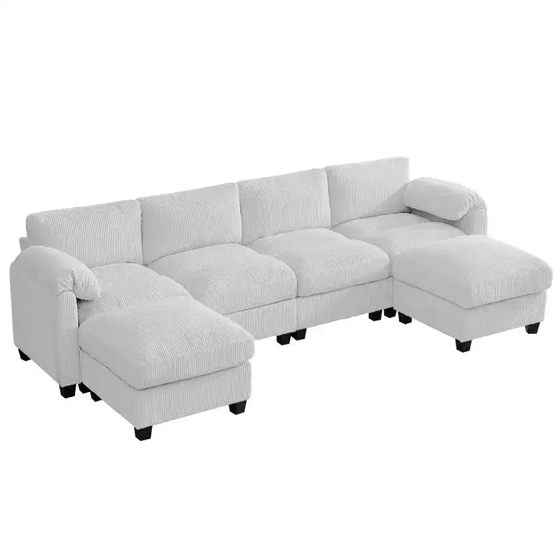 Canapé modulable en velours côtelé HYLEORY avec double ottoman mobile, canapé rembourré confortable en forme de U avec coussin de siège à deux couches pour le salon
