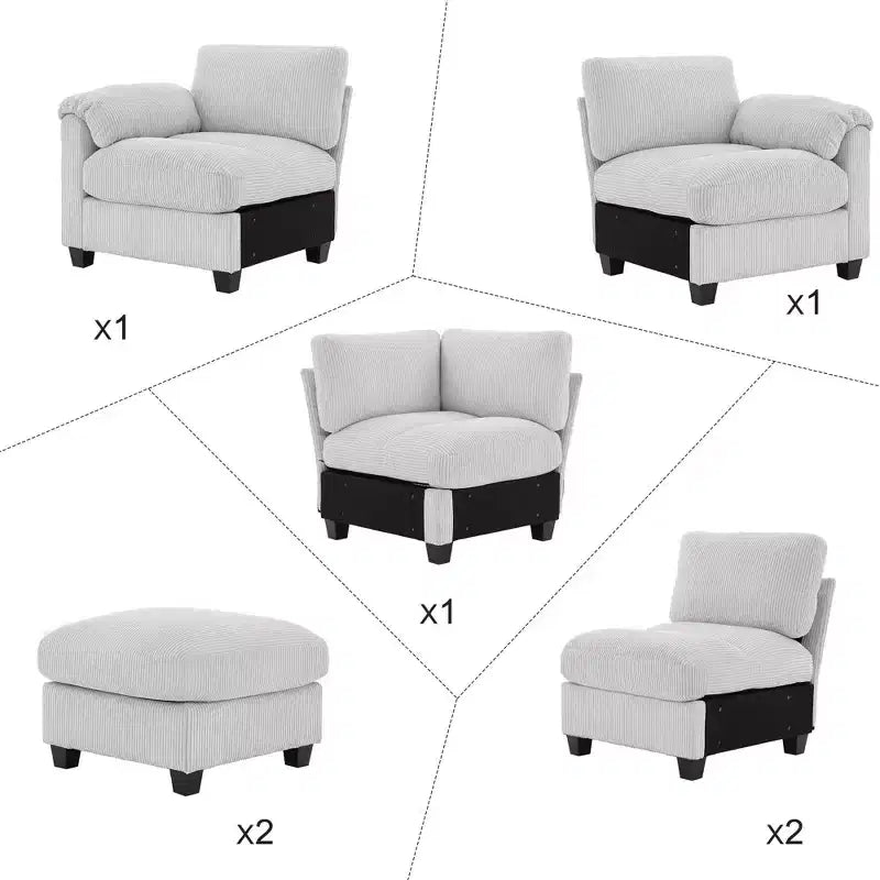Canapé modulable en velours côtelé HYLEORY avec double ottoman mobile, canapé rembourré confortable en forme de U avec coussin de siège à deux couches pour le salon