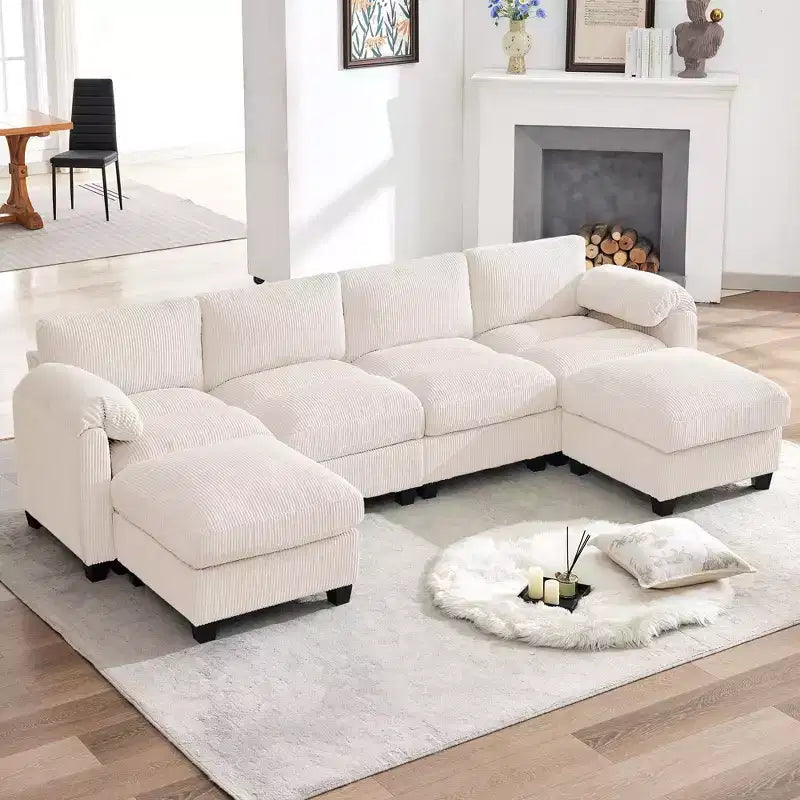Canapé modulable en velours côtelé HYLEORY avec double ottoman mobile, canapé rembourré confortable en forme de U avec coussin de siège à deux couches pour le salon