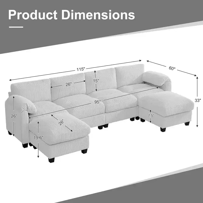 Canapé modulable en velours côtelé HYLEORY avec double ottoman mobile, canapé rembourré confortable en forme de U avec coussin de siège à deux couches pour le salon
