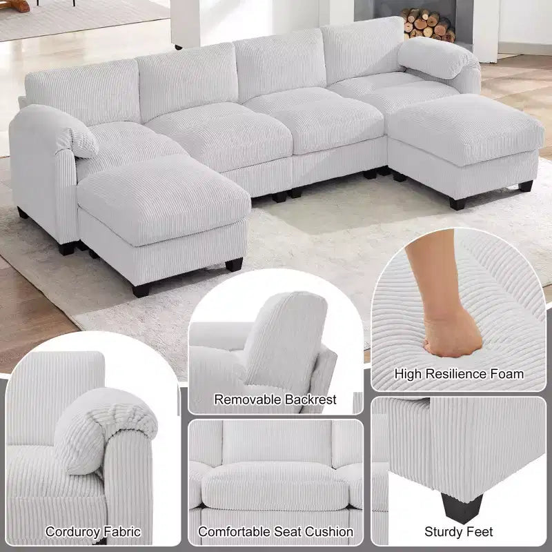 Canapé modulable en velours côtelé HYLEORY avec double ottoman mobile, canapé rembourré confortable en forme de U avec coussin de siège à deux couches pour le salon