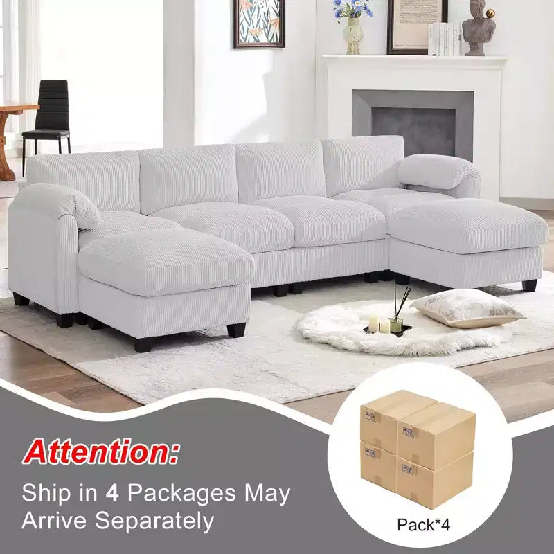 Canapé modulable en velours côtelé HYLEORY avec double ottoman mobile, canapé rembourré confortable en forme de U avec coussin de siège à deux couches pour le salon