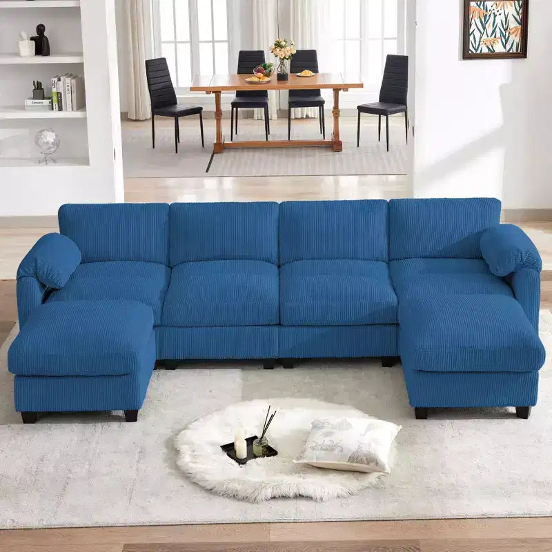 Canapé modulable en velours côtelé HYLEORY avec double ottoman mobile, canapé rembourré confortable en forme de U avec coussin de siège à deux couches pour le salon