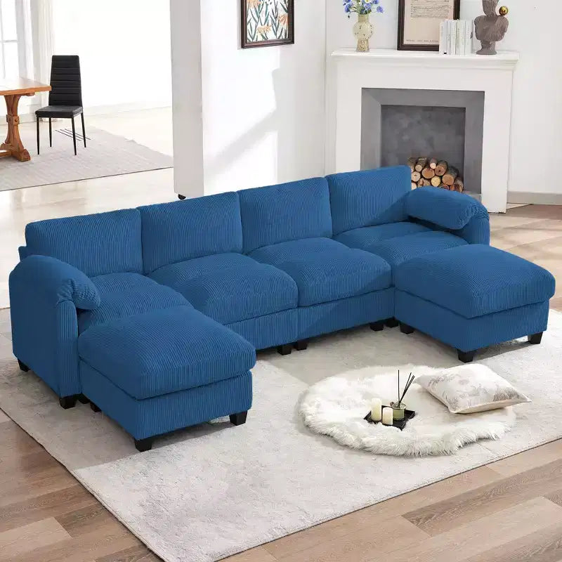 Canapé modulable en velours côtelé HYLEORY avec double ottoman mobile, canapé rembourré confortable en forme de U avec coussin de siège à deux couches pour le salon