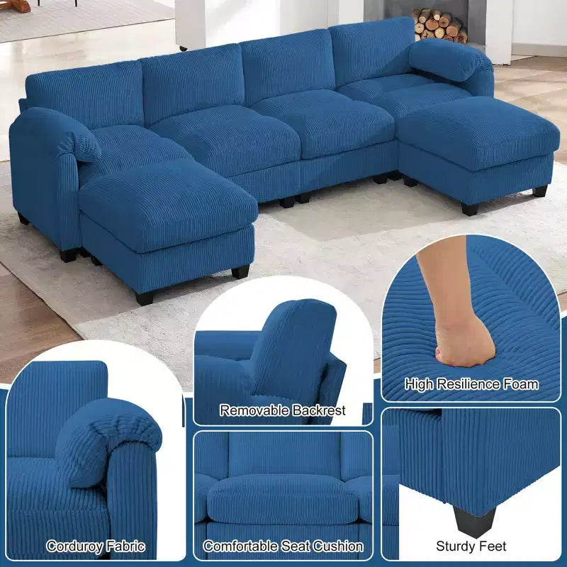 Canapé modulable en velours côtelé HYLEORY avec double ottoman mobile, canapé rembourré confortable en forme de U avec coussin de siège à deux couches pour le salon
