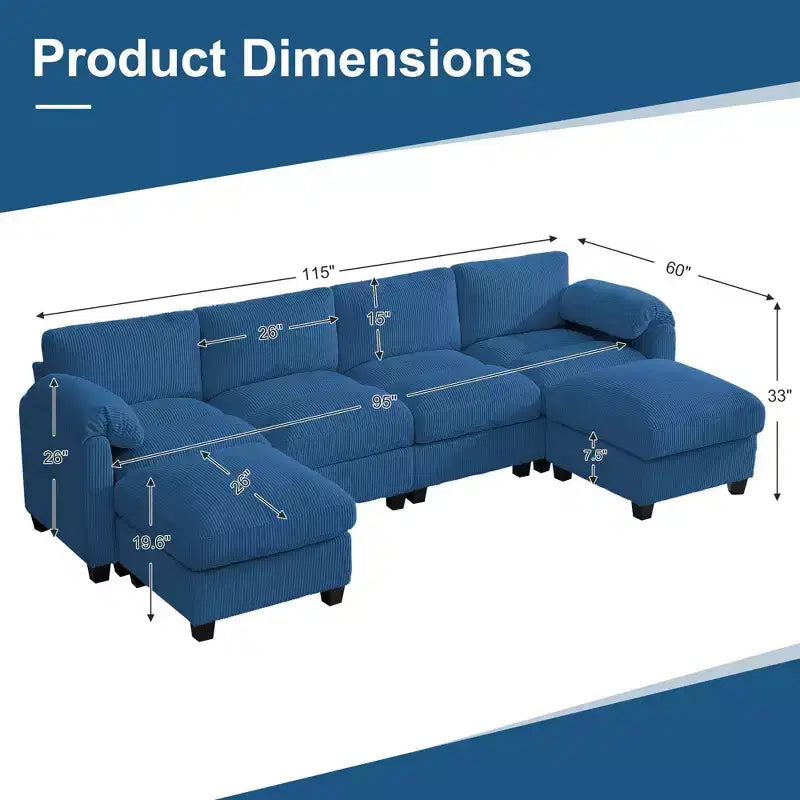 Canapé modulable en velours côtelé HYLEORY avec double ottoman mobile, canapé rembourré confortable en forme de U avec coussin de siège à deux couches pour le salon